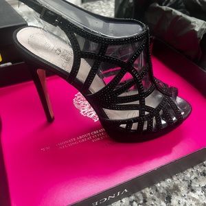 Vince Camuto VC-JANENE Black Powered Glitz Suede Heel Sandal